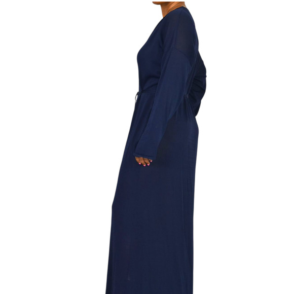 Zara Knit Maxi Dress Blue Sheer V Neck Oversized Belt Caftan Long Viscose Medium - Picture 6 of 14